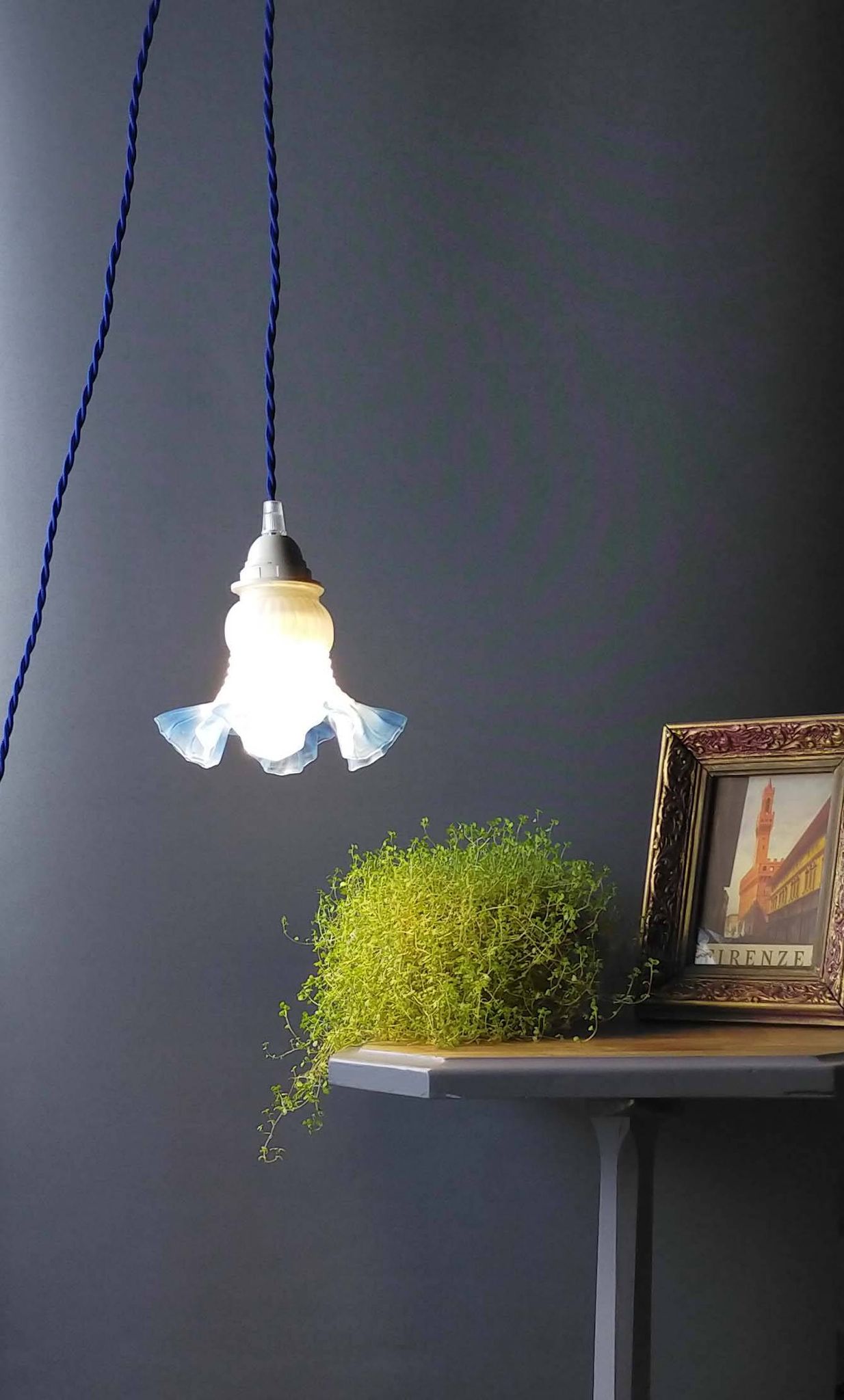 Tulip glass table lamp with frosted finish, azure blue trim – Vintage 1950