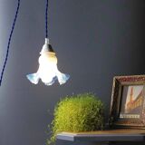 Tulip glass table lamp with frosted finish, azure blue trim – Vintage 1950