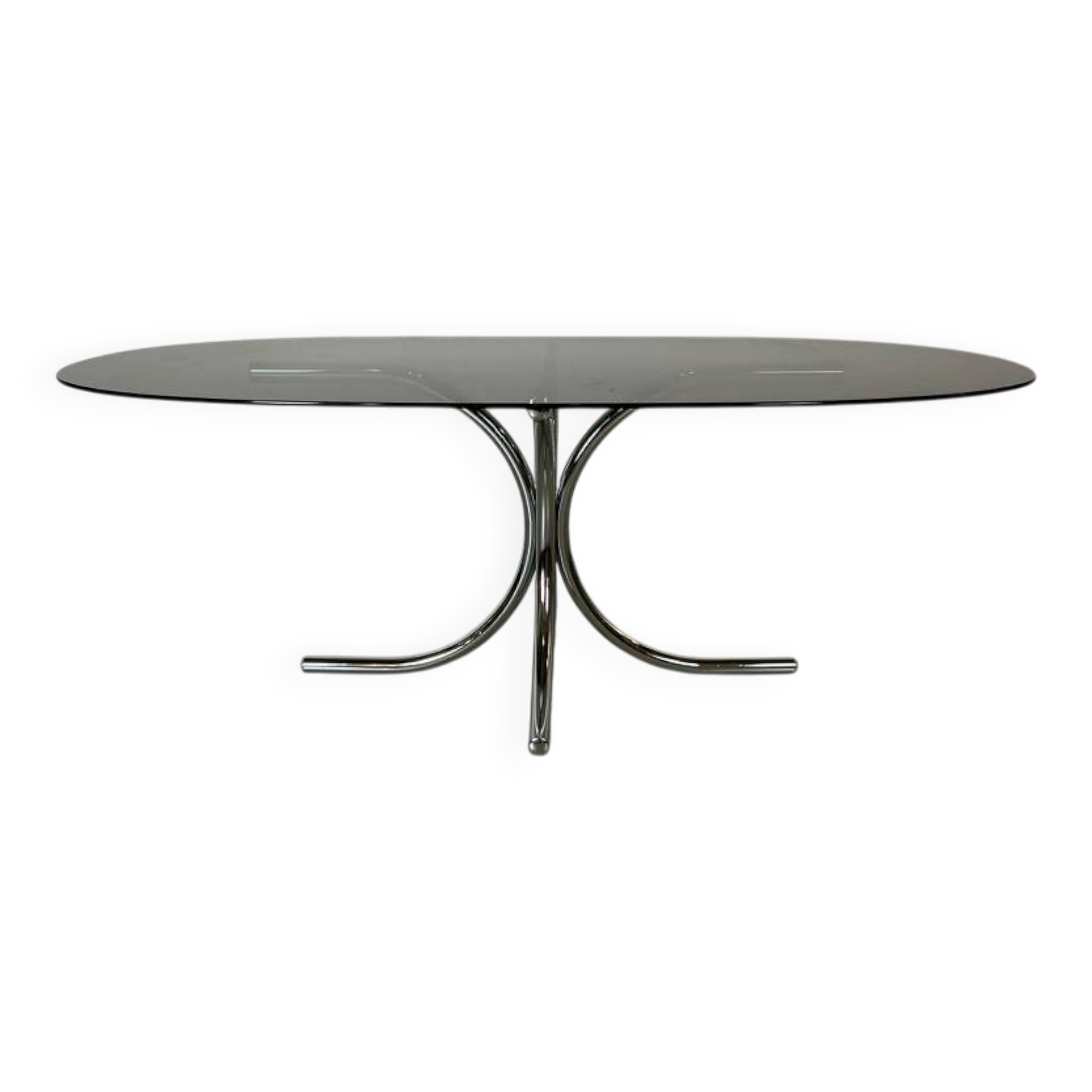 Vintage coffee table from the 70s in smoked glass and chrome, oval, Space Age style.