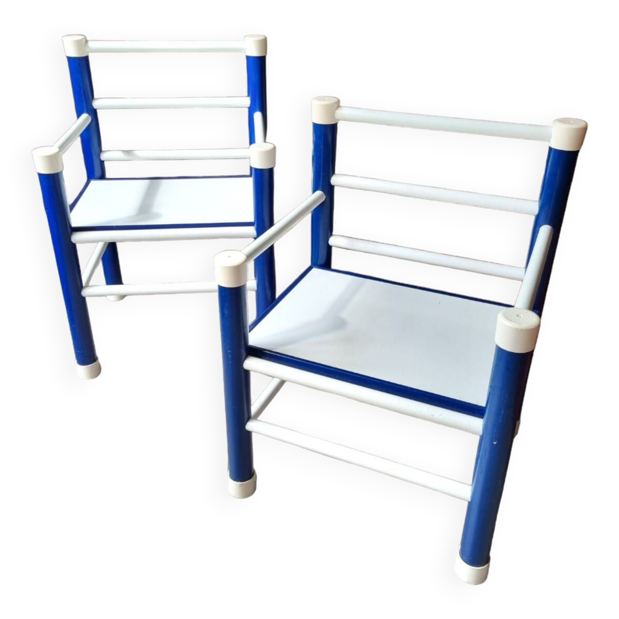 Paire de chaises enfants en bois bleu et blanc