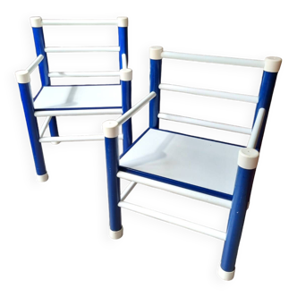 Paire de chaises enfants en bois bleu et blanc