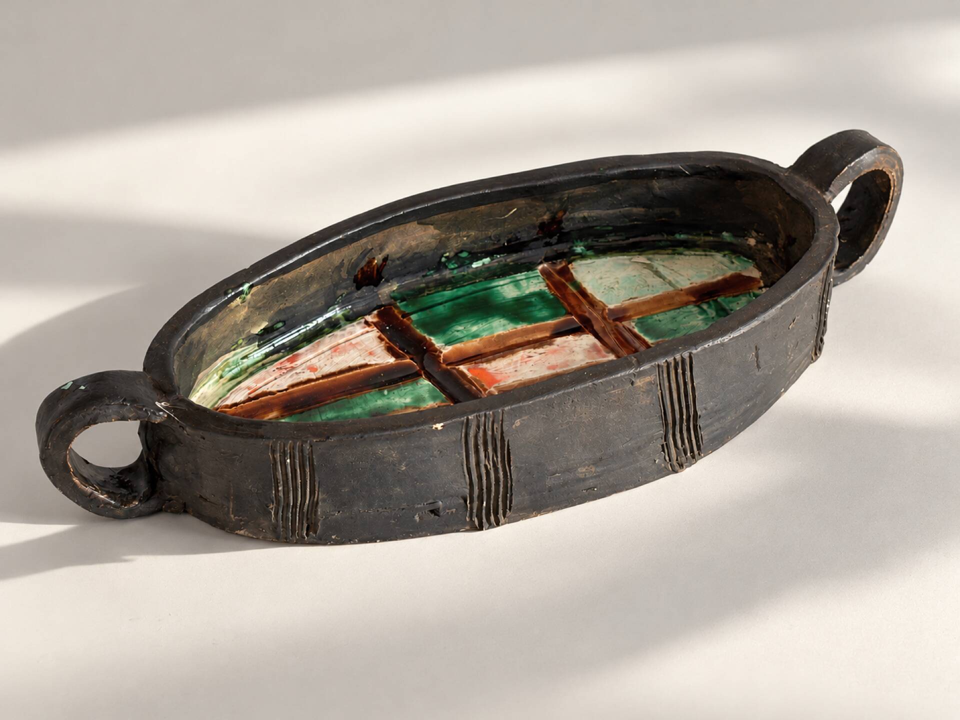 Oval bowl with two handles in glazed ceramic, 1970-71