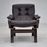 1970s, Scandinavian lounge chair in original condition, brown leather, dark bent wood.
