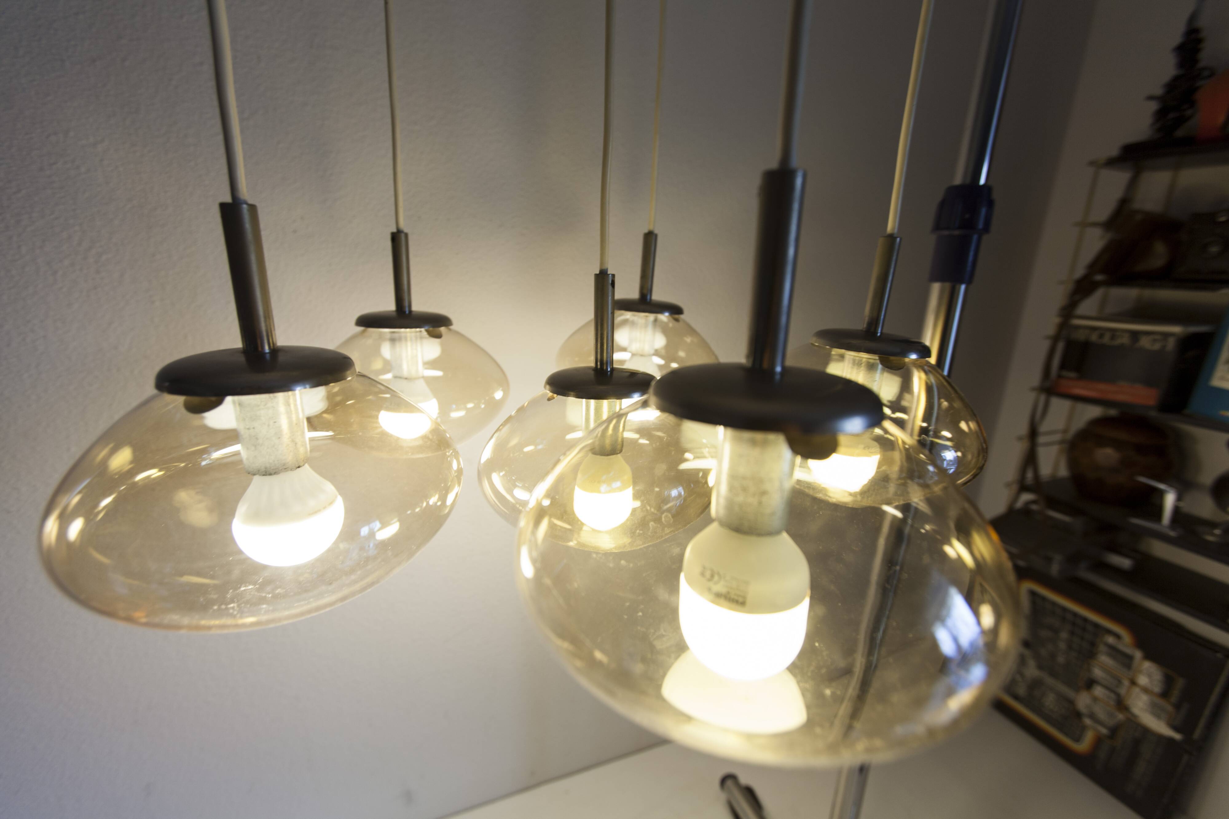 Light smoked glass water drop chandelier with 6 drops from the 1960s.