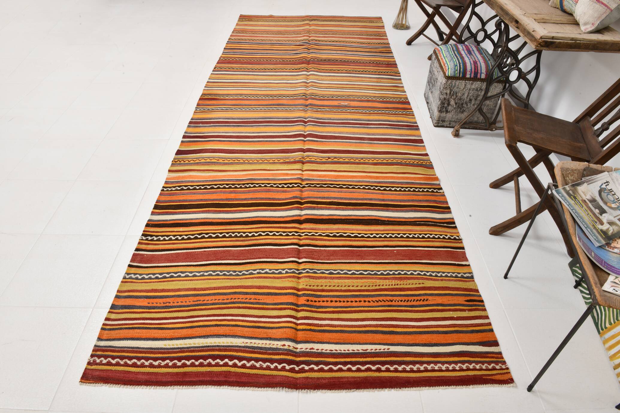 5x13 Orange Red Long Wide Vintage Kilim Rug, 149x402Cm SK 33068