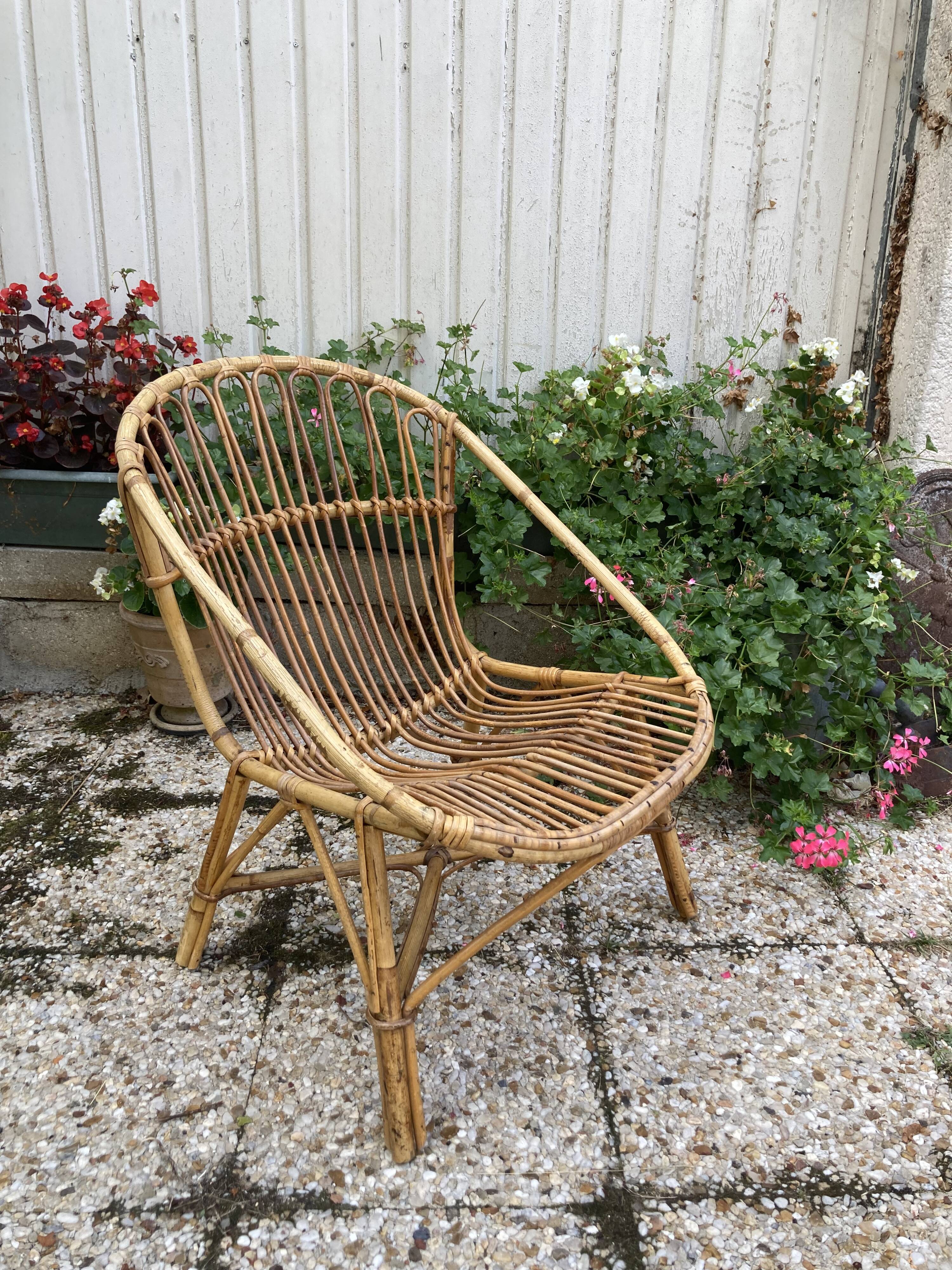 Set of 3 vintage rattan armchairs
