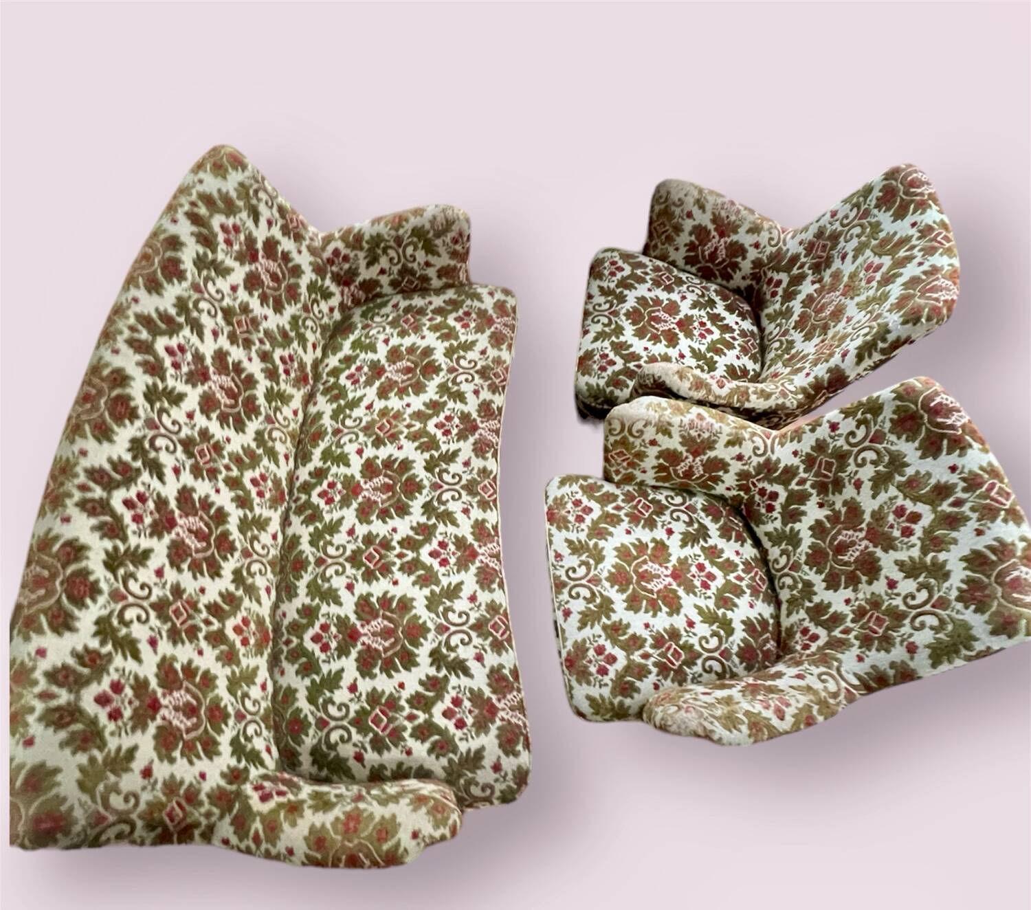 Fauteuils et canapé vintage pieds compas 1950 ancien motif floral