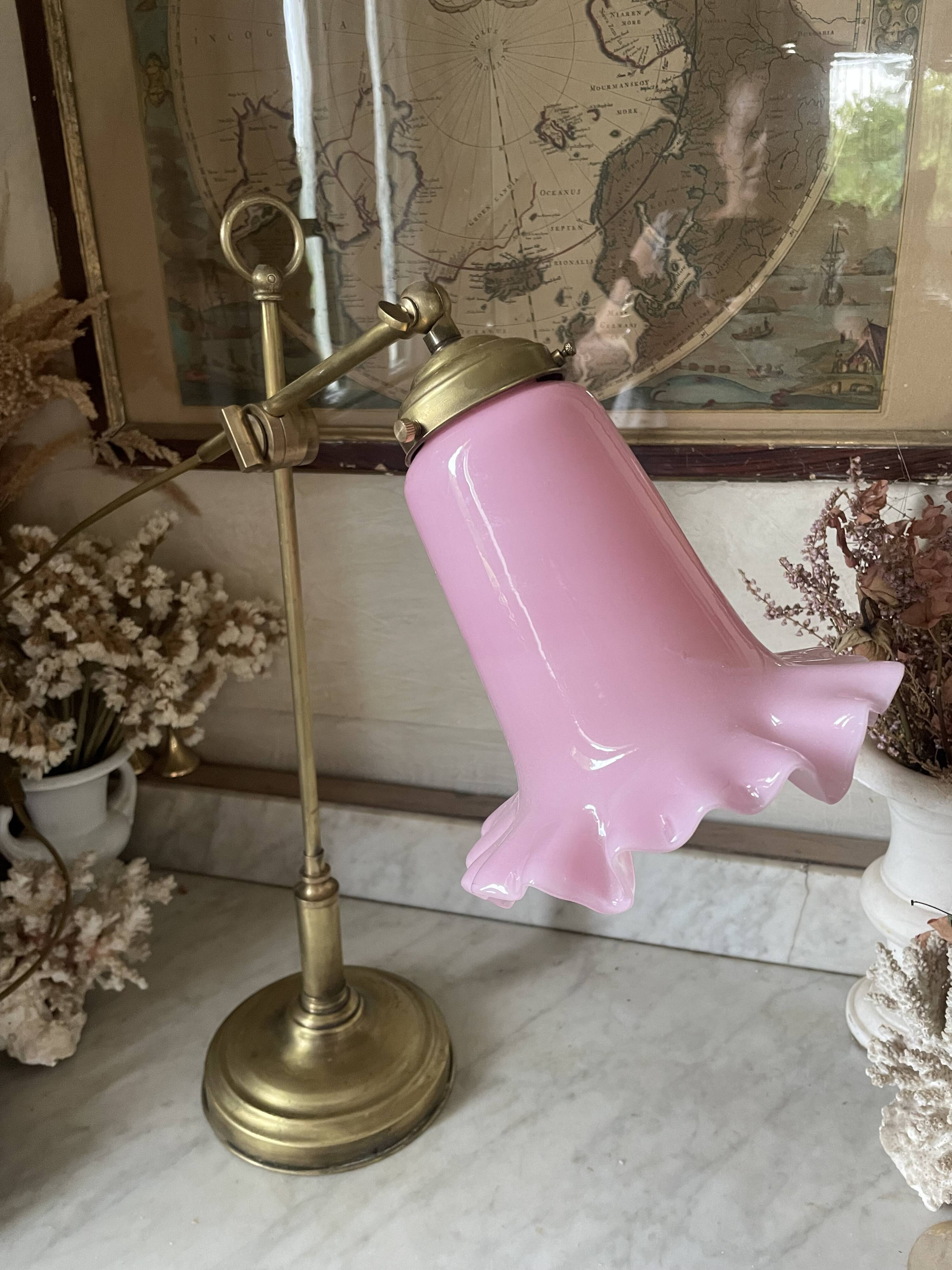 Large vintage lamp in brass with a pink opaline shade.
