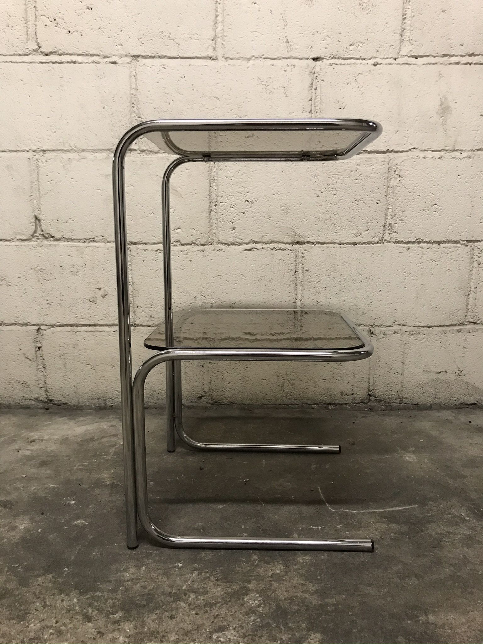 Sofa end in smoky glass and chrome metal, 70s