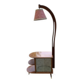Art Deco brown walnut cocktail bar cabinet with integrated lamp and mirrored display 1950s