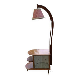 Art Deco brown walnut cocktail bar cabinet with integrated lamp and mirrored display 1950s