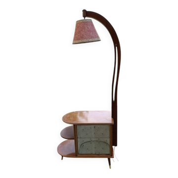Art Deco brown walnut cocktail bar cabinet with integrated lamp and mirrored display 1950s