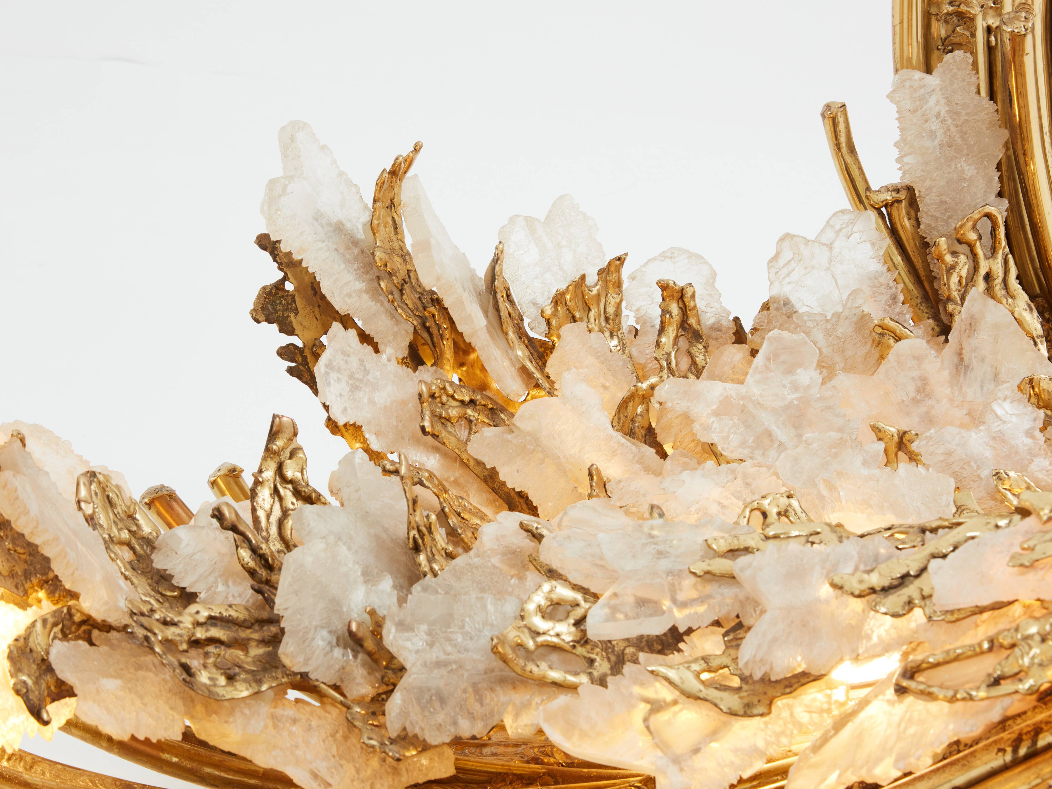 Dining table brass sculpture rock crystals Isabelle Faure 1970