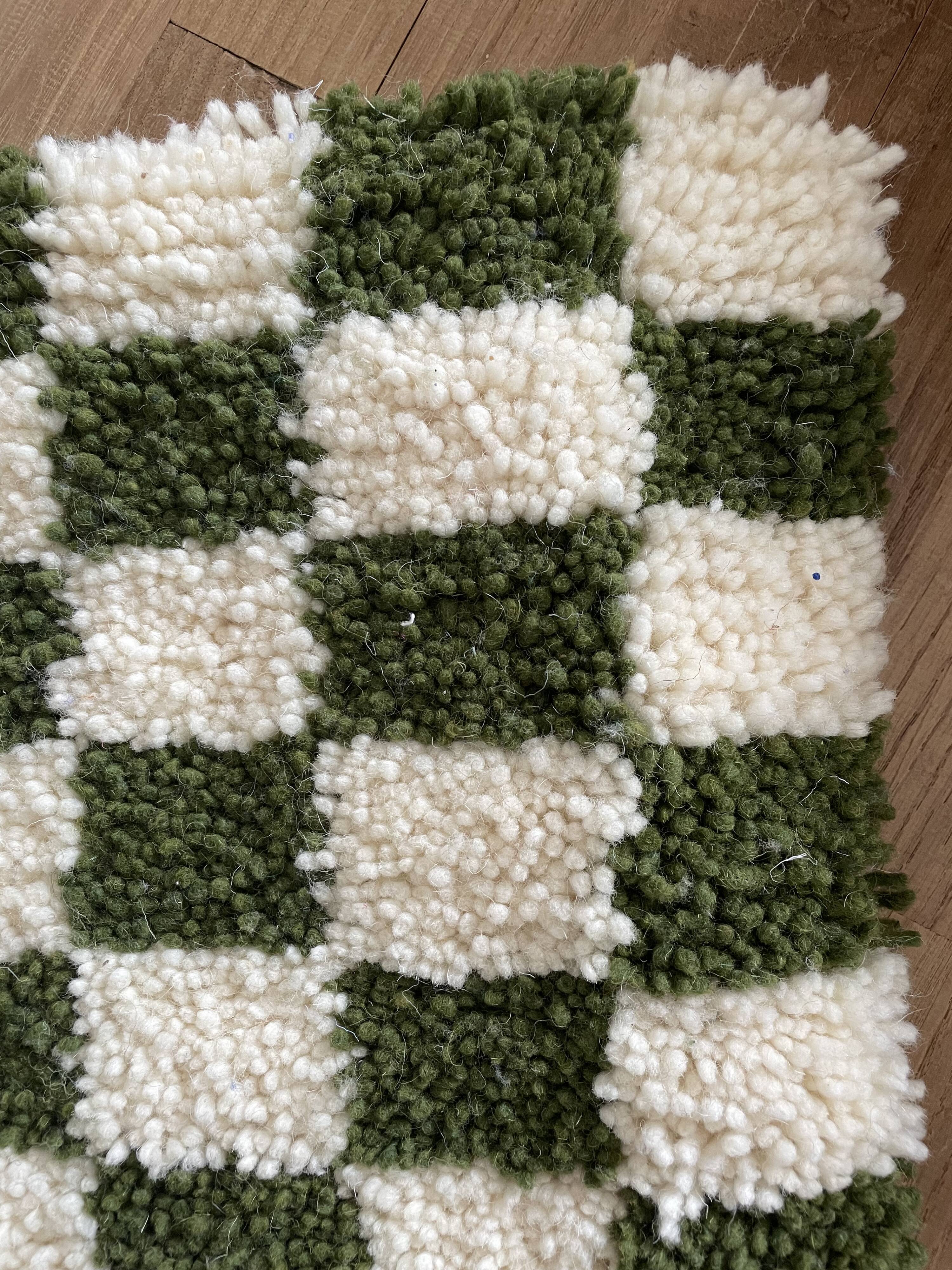 Khaki green and white checkered wool cushion
