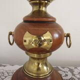 French Mid Century Round Turned Wood Lamp Base With Gold 1852 Tag & Handles