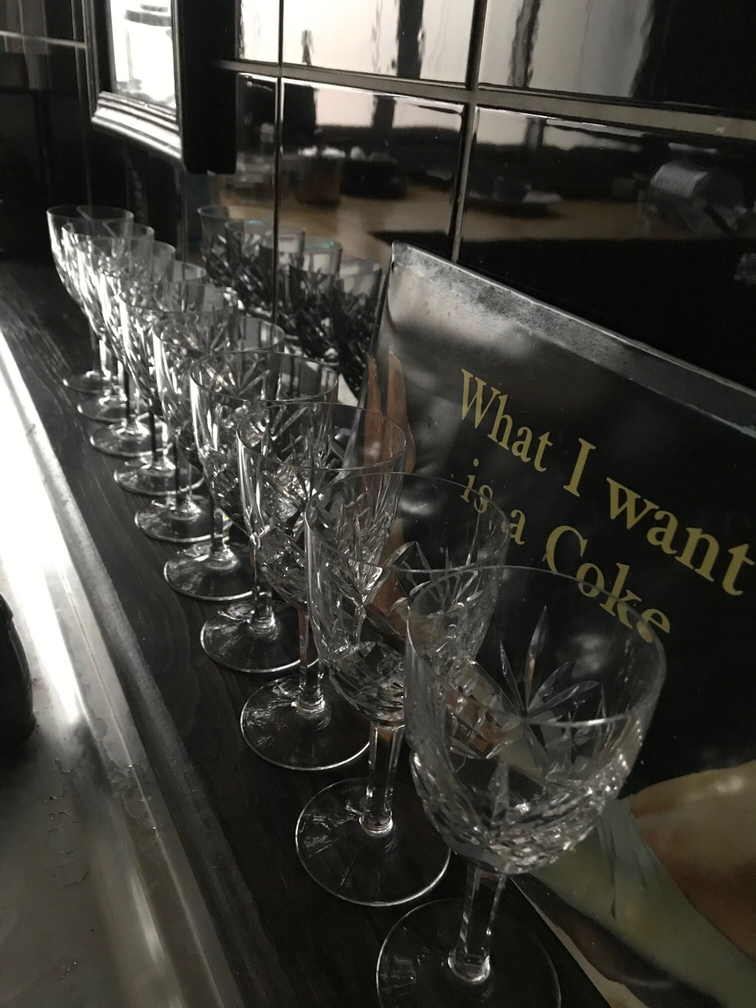 Crystal cut water stemmed glasses. Star and leaf patterns.