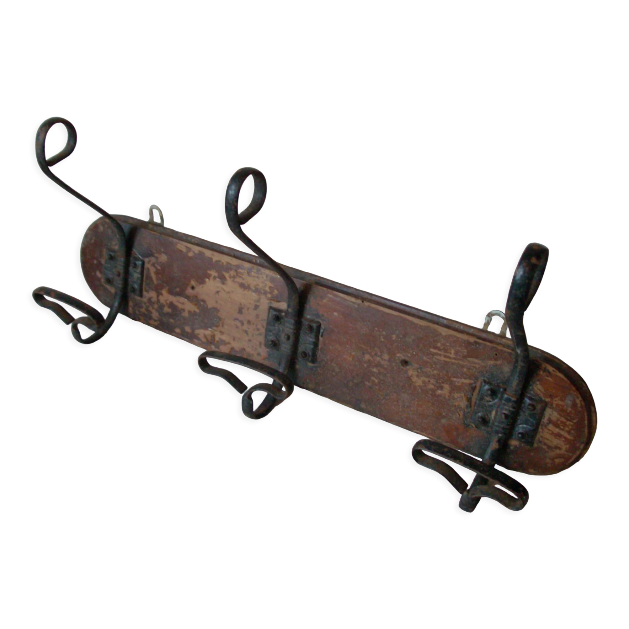 Old wall coat rack 3 metal hooks on wood deco retro entrance hall