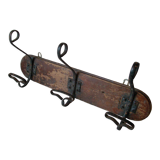 Old wall coat rack 3 metal hooks on wood deco retro entrance hall