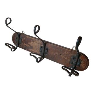 Old wall coat rack 3 metal hooks on wood deco retro entrance hall