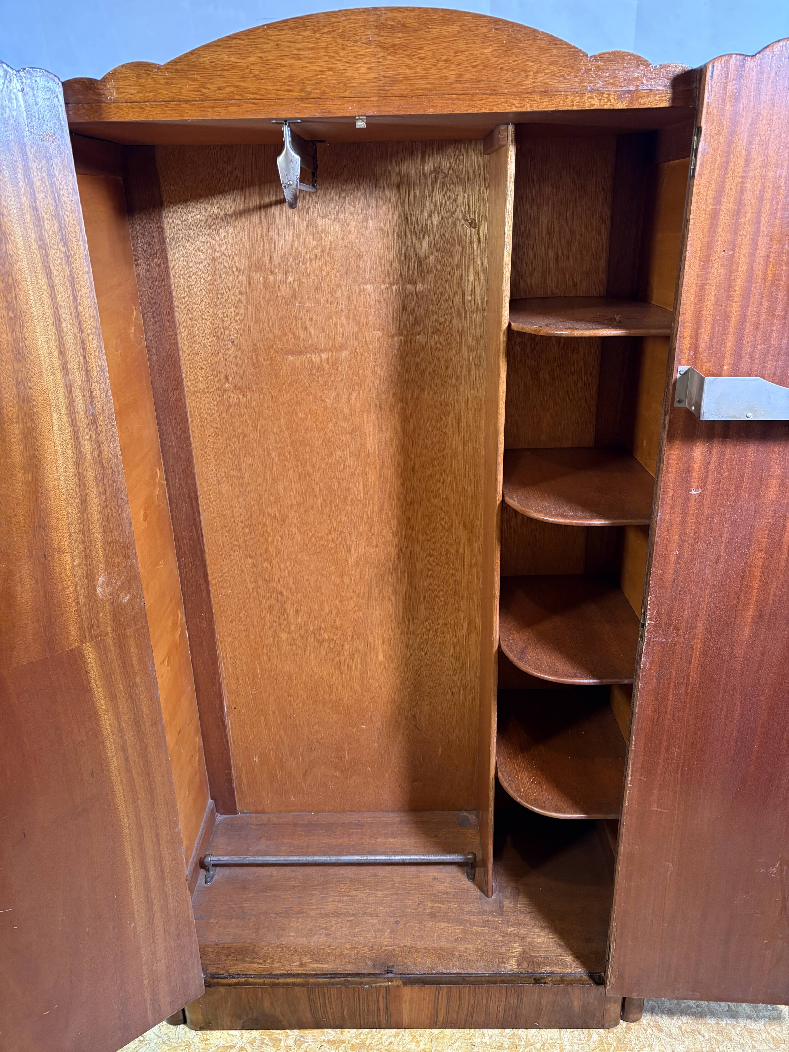 Art Deco Vintage 1930s  Figured Walnut Wardrobe Bookmatched Fitted Interior