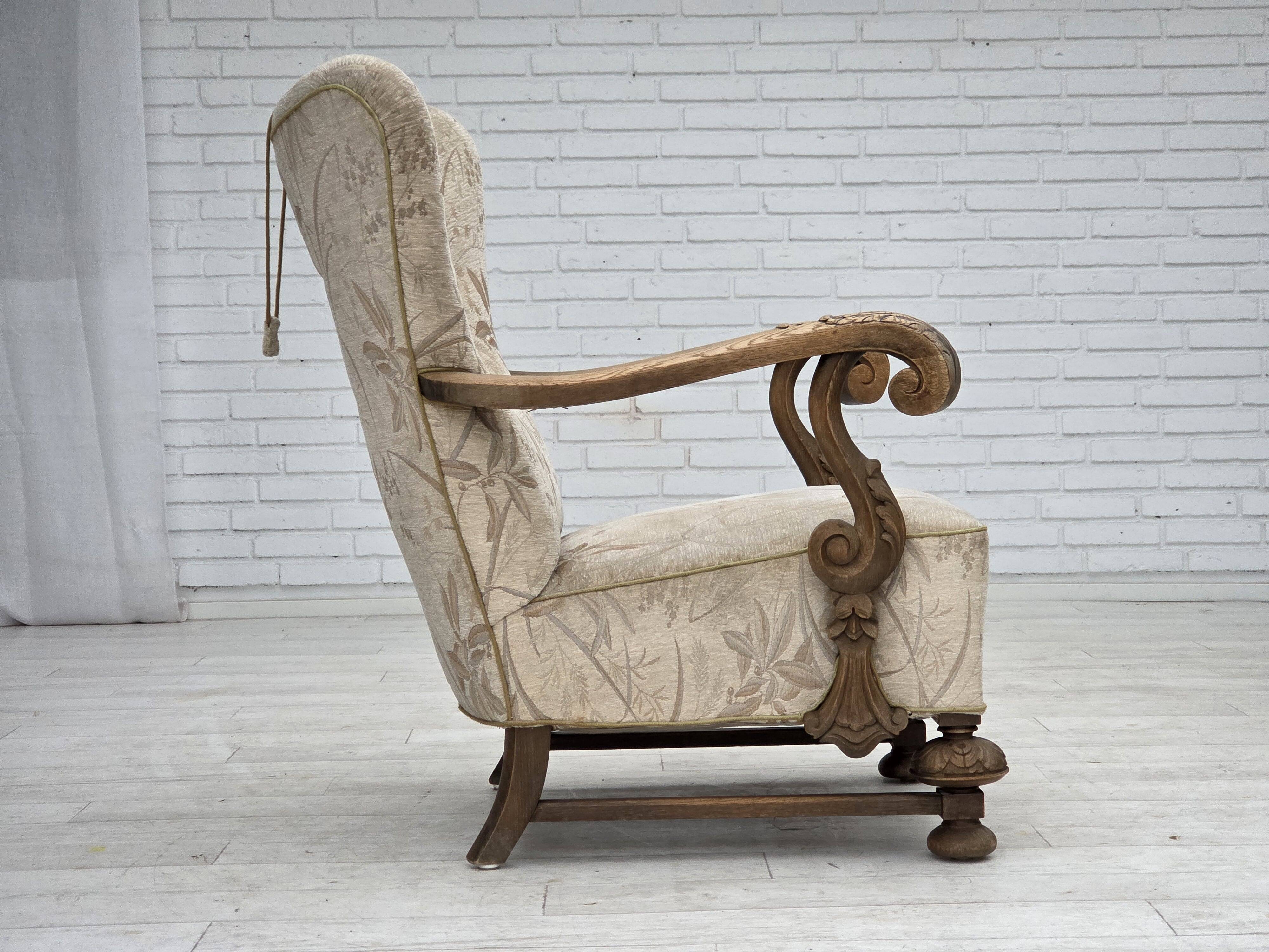 1960s, Danish armchair, beige/brown furniture fabric, carved oak wood.