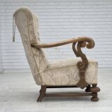 1960s, Danish armchair, beige/brown furniture fabric, carved oak wood.