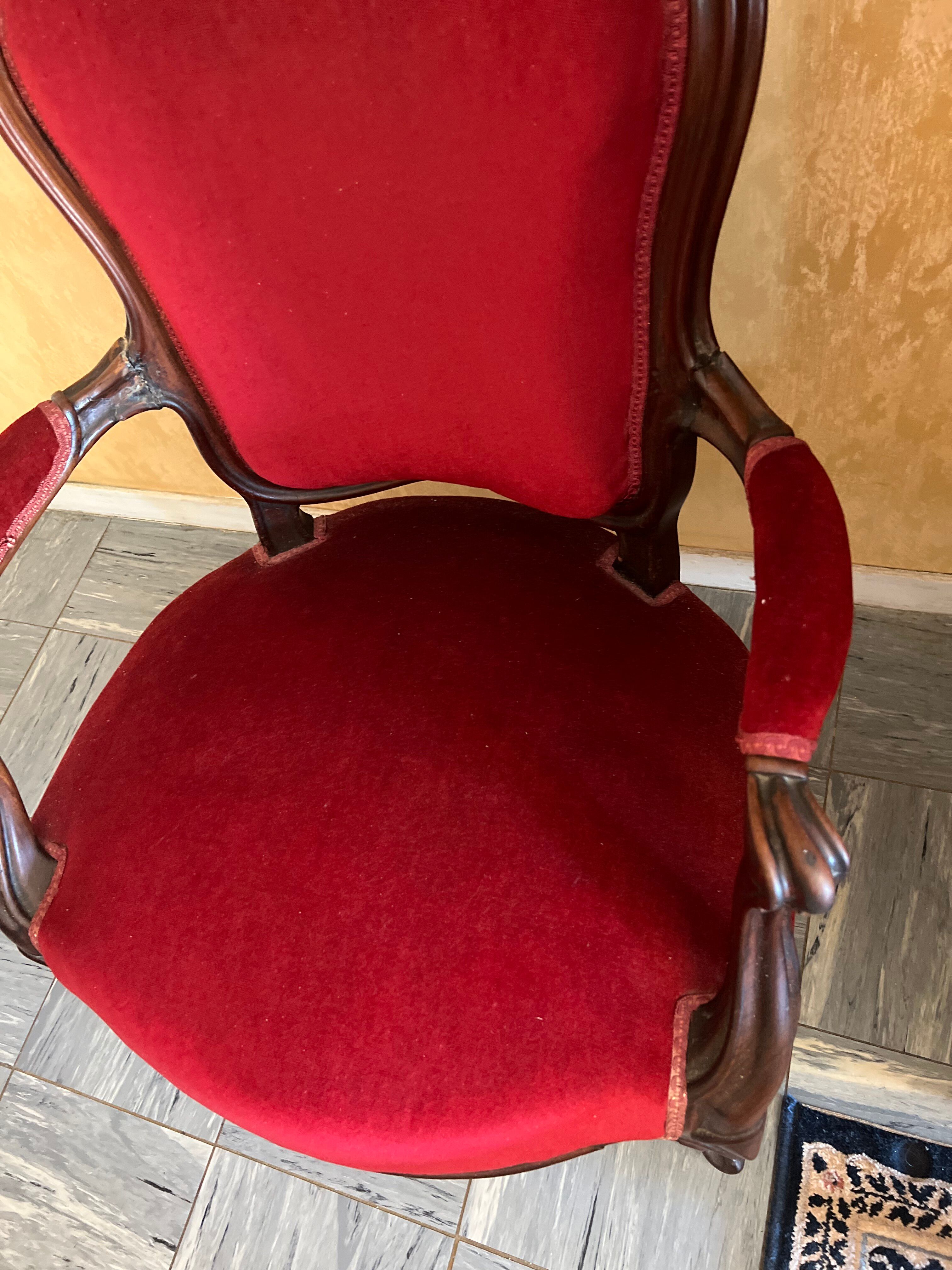Bergère armchair in Napoléon III style, wood and burgundy velvet.