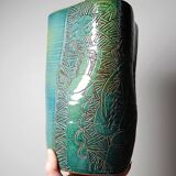 Vintage blue-green artisan pottery vase with incised tribal decoration Eseka Pottery.