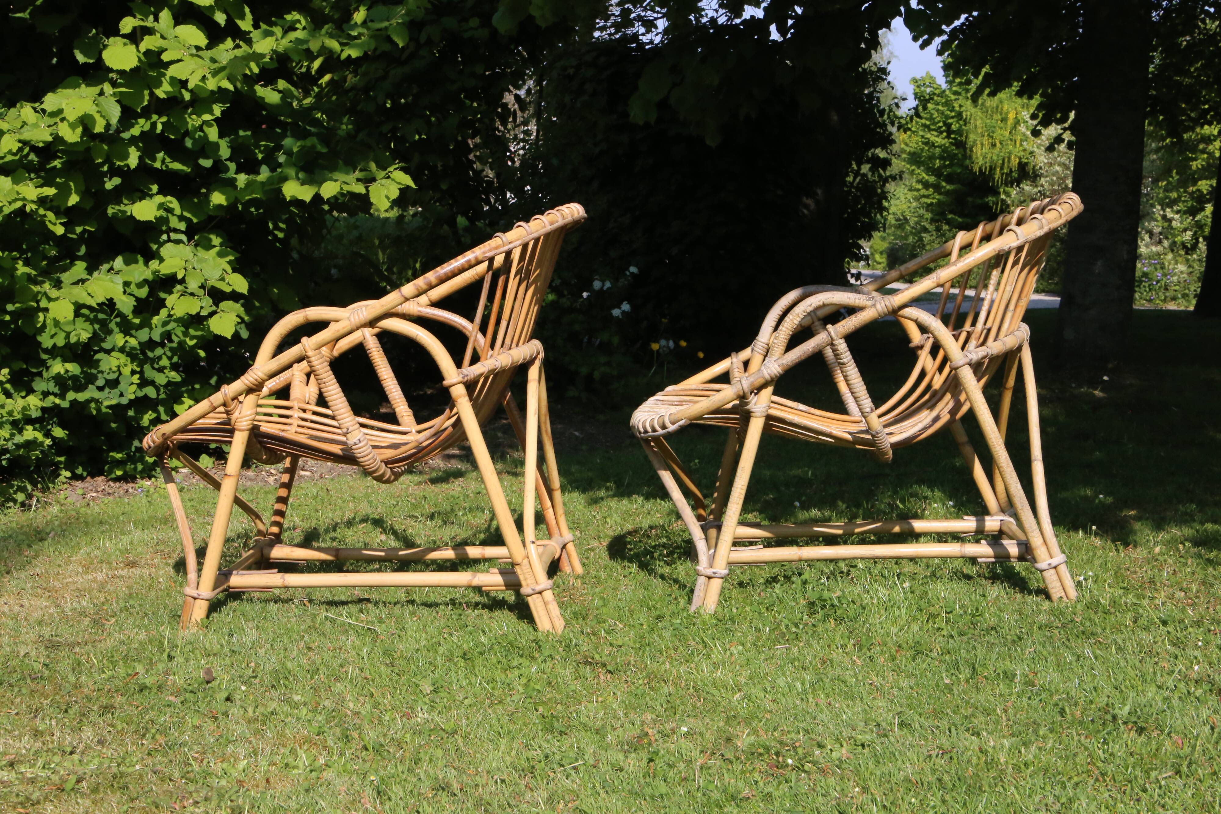Pair of rattan basket armchairs, 60s