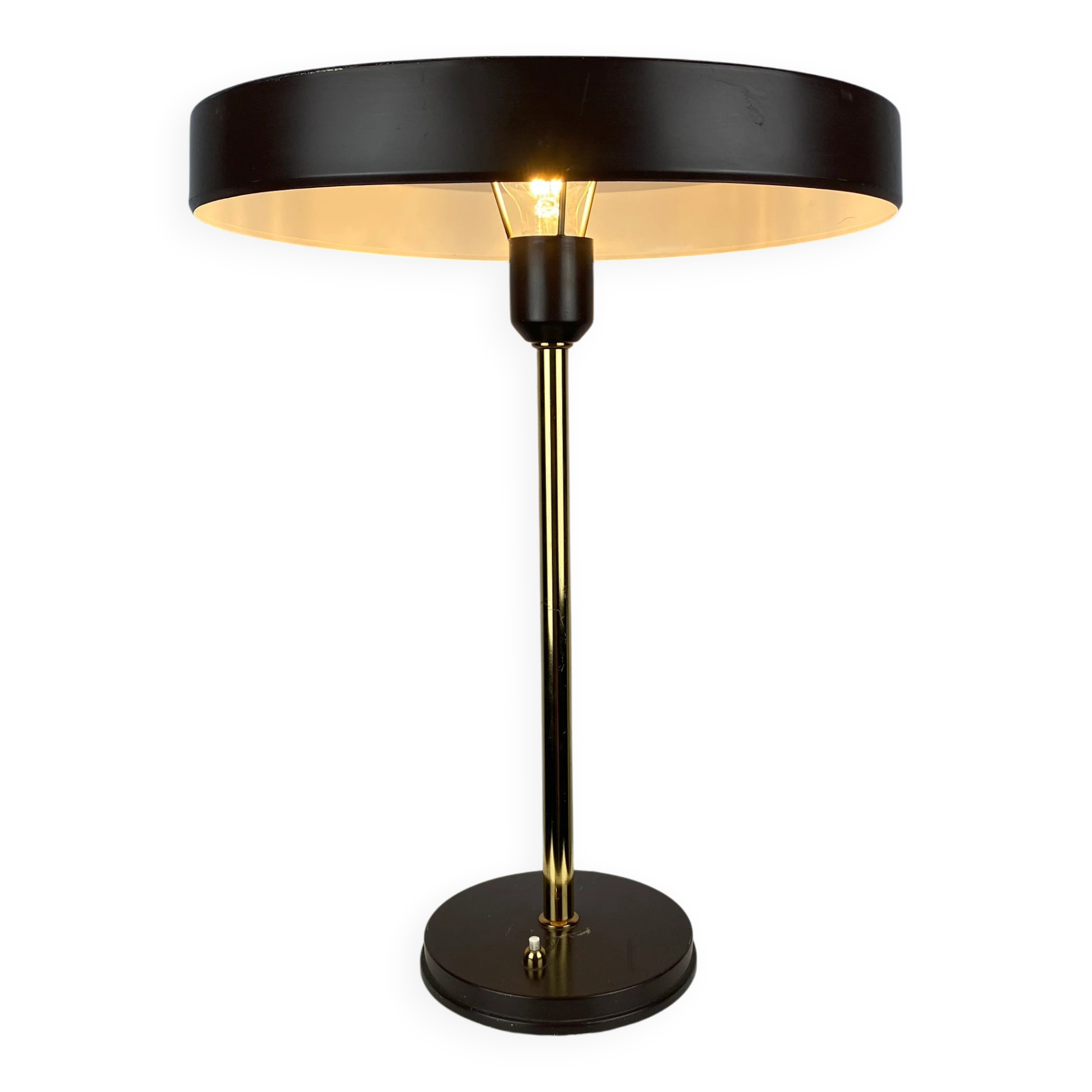 One of the four brown and gold Timor 69 table lamps by Louis Kalff for Philips 1970.