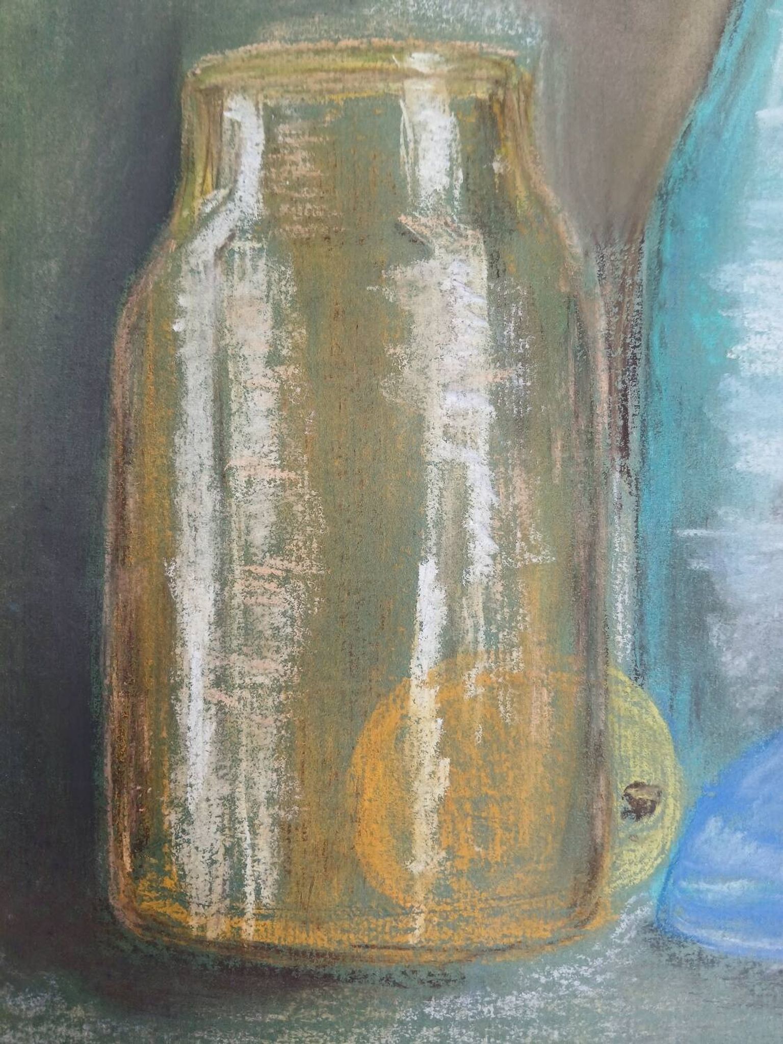 Dessin aux pastels bocaux et bouteilles