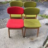 Set of 4 multicoloured wooden office chairs from the 1960s, Mid-Century style, with upholstered seats.