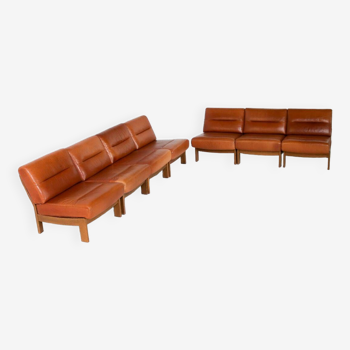 Brutalist 7-piece cognac leather modular sofa