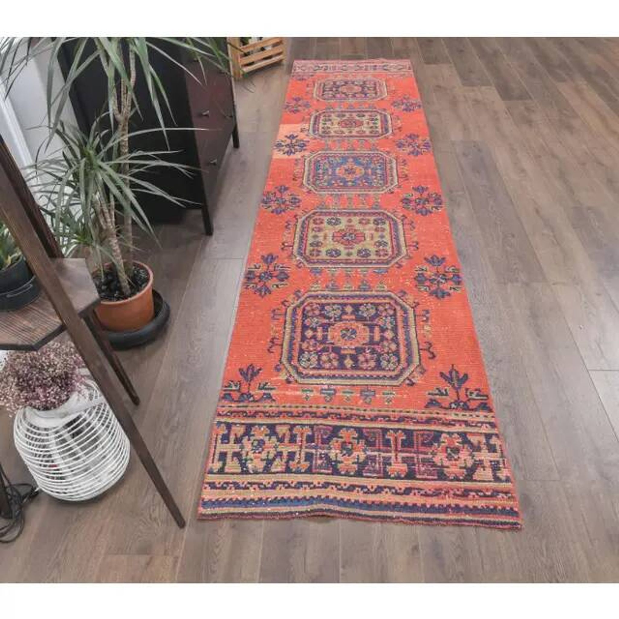 1980s Vintage Turkish Hand-Knotted Floral Runner 82x346