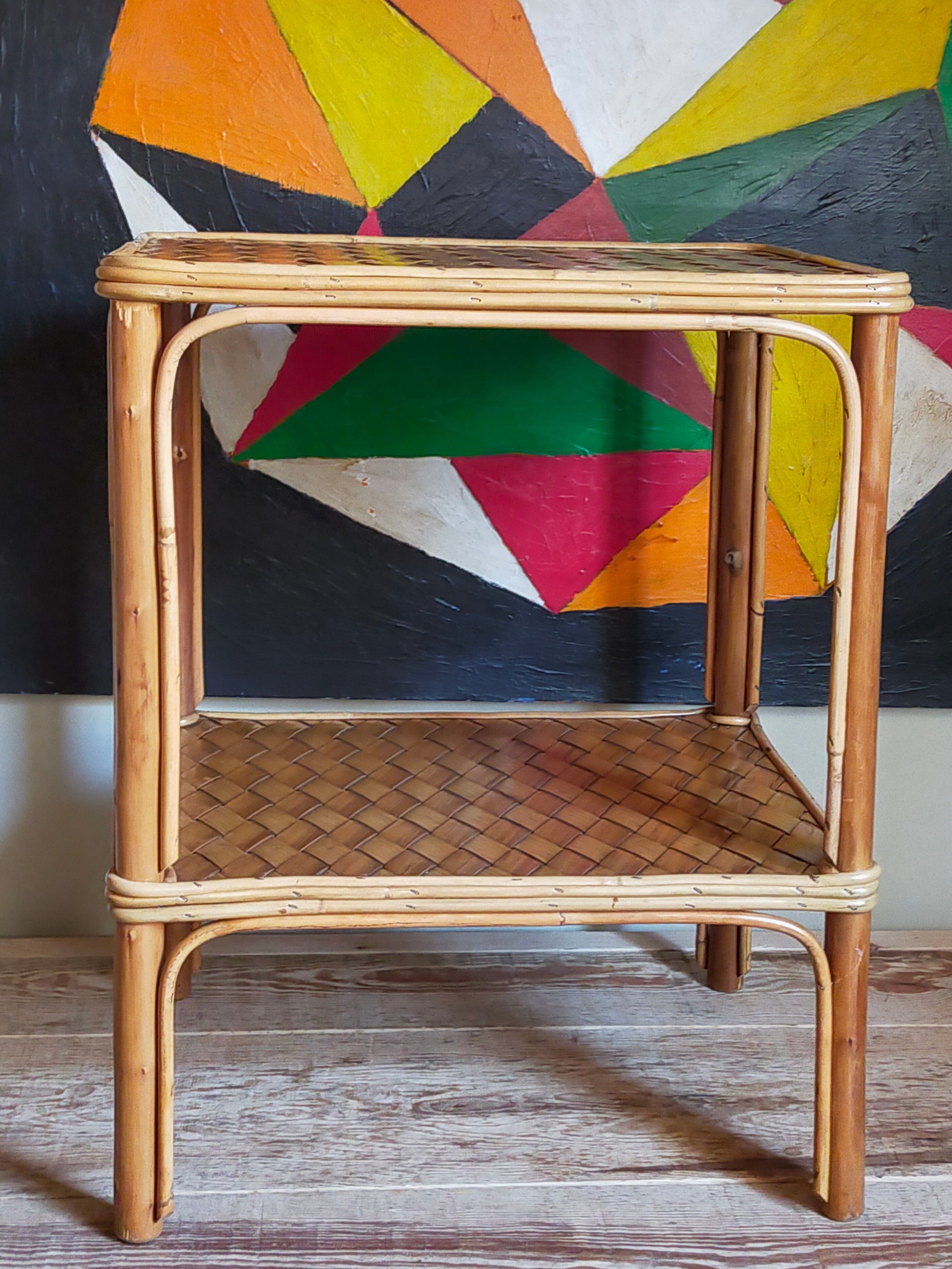 Side service table in wood and rattan 50s
