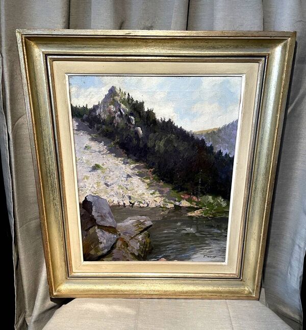 Huile sur toile representant un lac signe lucien wolff peintre alsacien