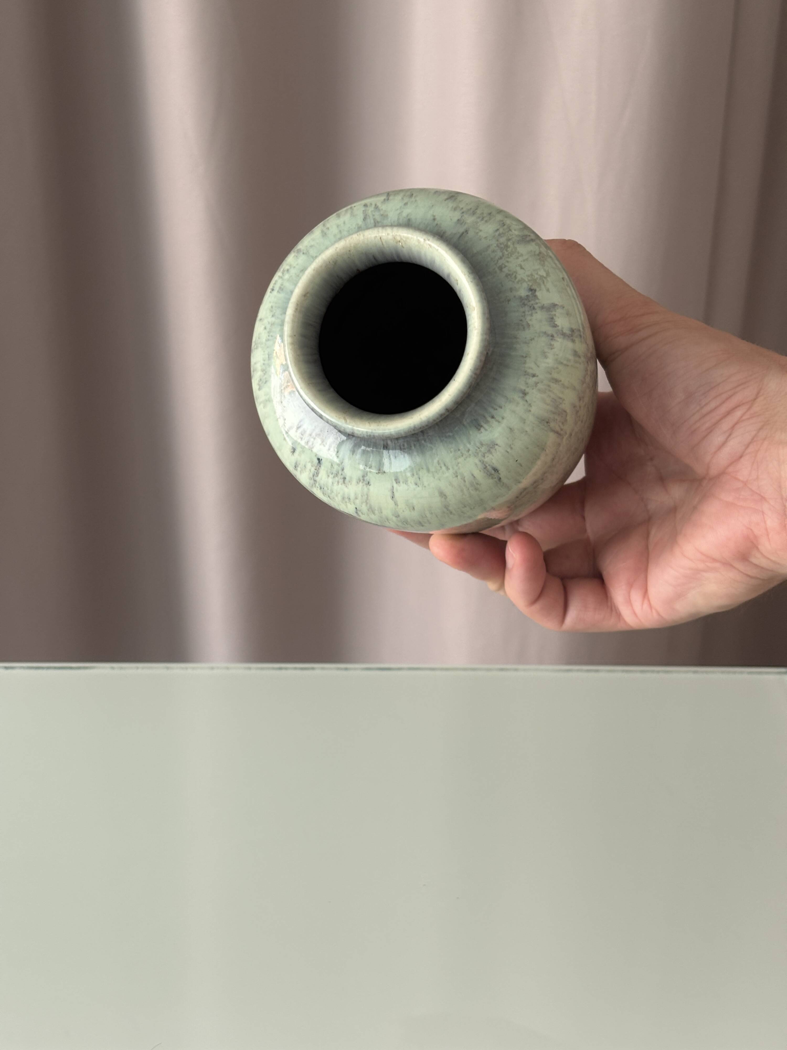 Vintage Studio Pottery Vase with Mottled Celadon Green Glaze