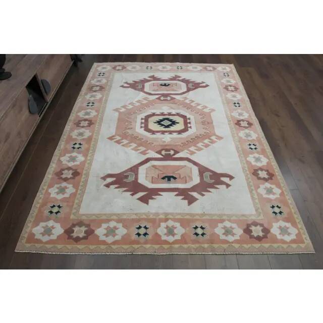 1970s Turkish Oushak Handmade Wool Cotton Pink Area Rug 183x244