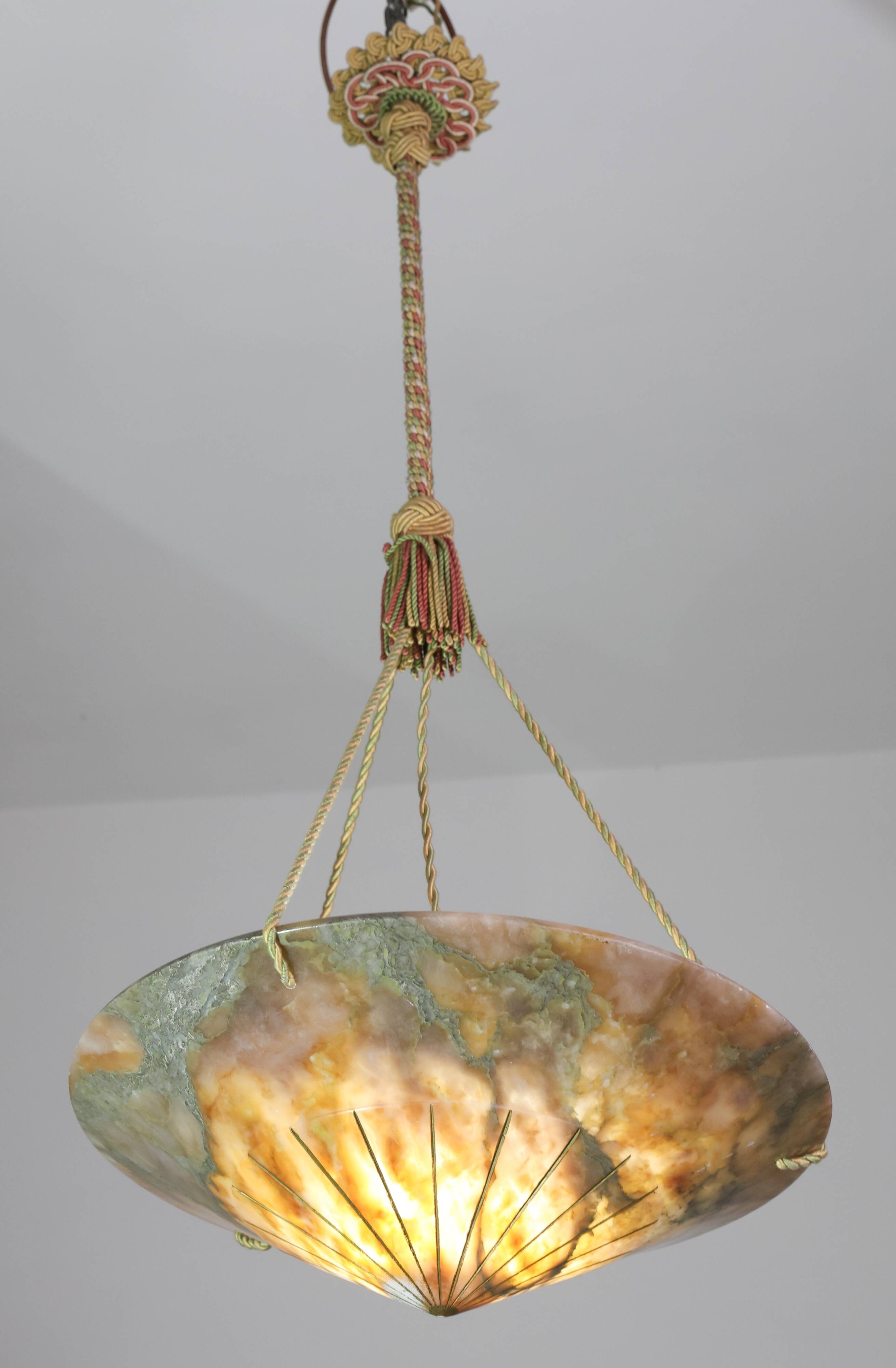 Extra Large Antique Art Decò Liberty Alabaster Chandelier, 1940s