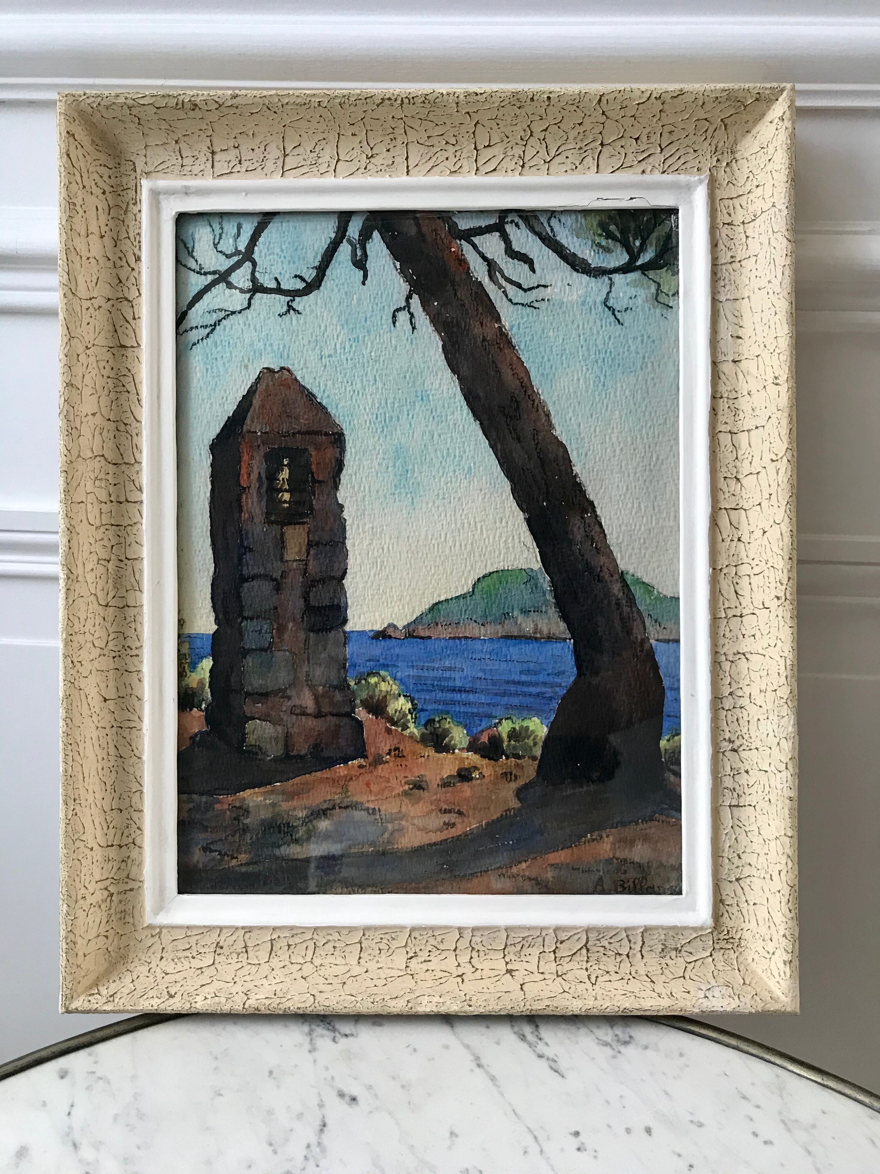 Landscape painting sea old watercolor signed