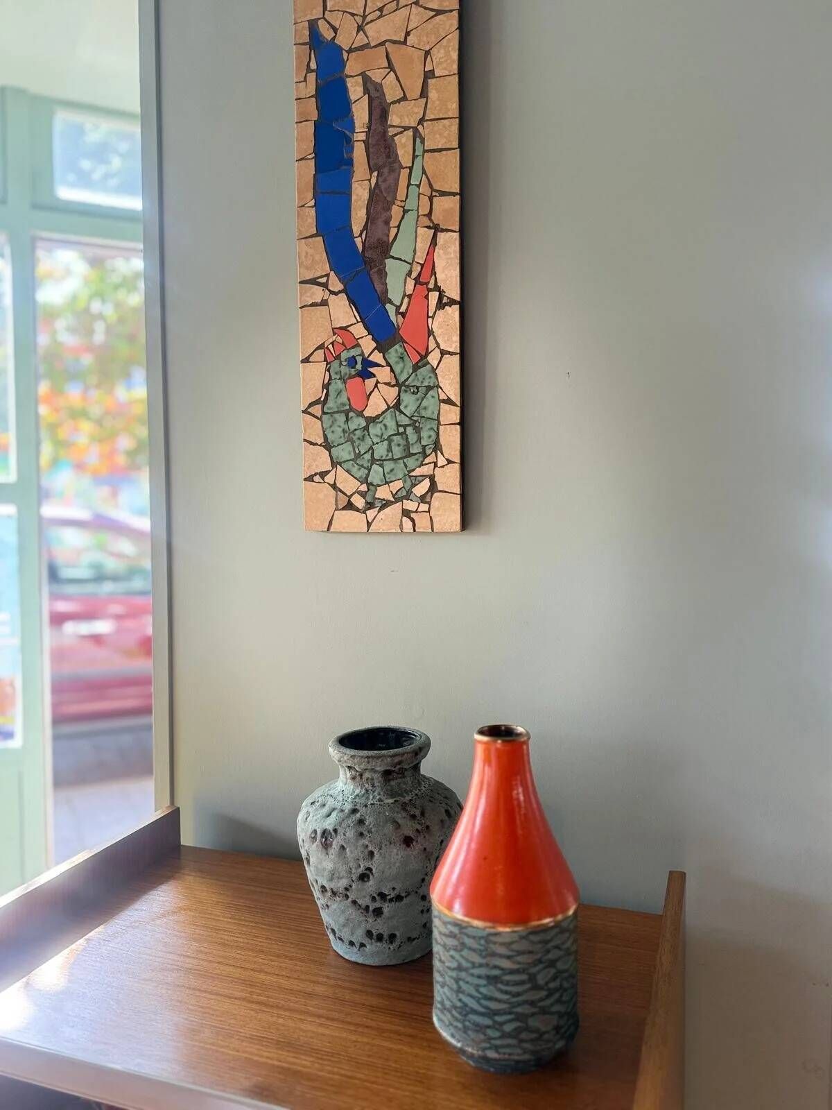 Mid-century mosaic wall panel, image of a rooster