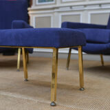 Pair of armchairs and ottoman vintage 1950 in blue velour and brass