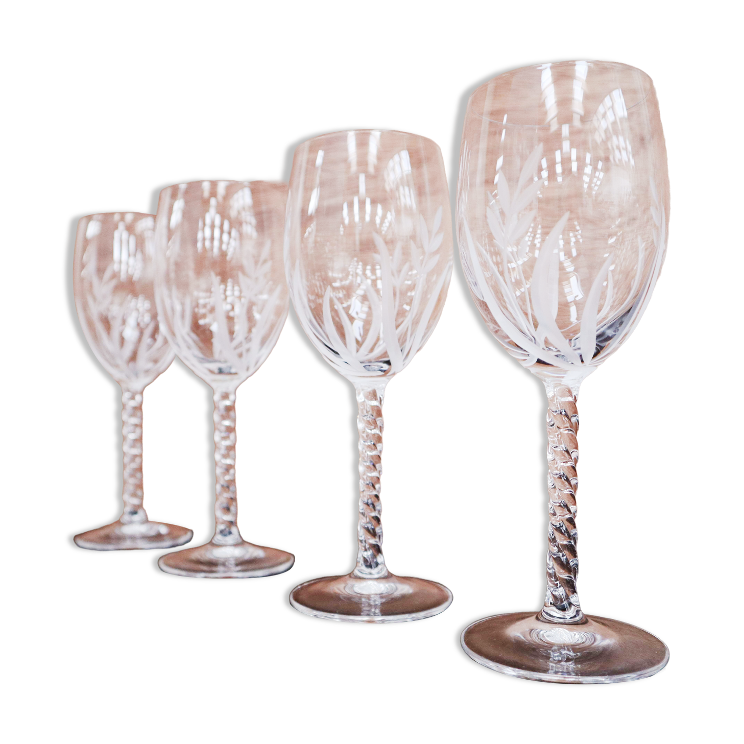 Set of 4 Vintage Engraved Crystal White Wine Glasses