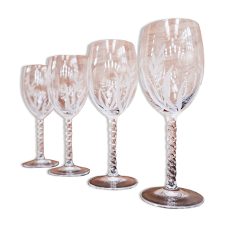 Set of 4 Vintage Engraved Crystal White Wine Glasses