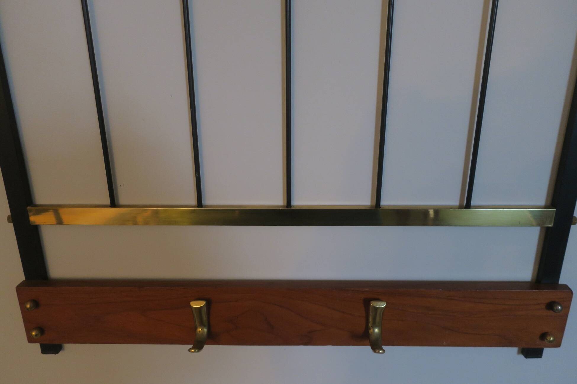 Mid-century brass and teak wall coat rack, 1960s