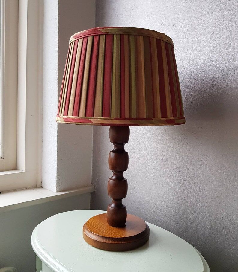 Vintage wooden table lamp with pleated fabric lampshade 1970