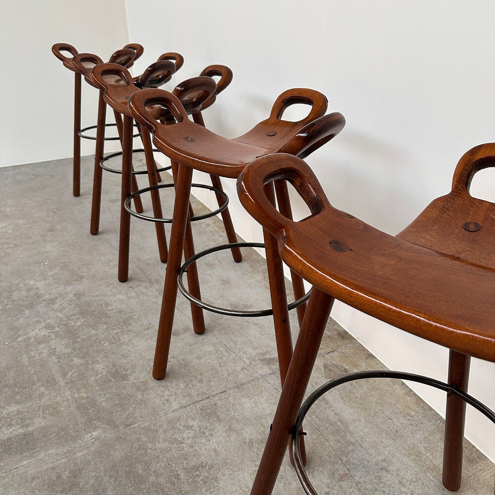 Vintage Sergio Rodrigues style bar stool, solid wood saddle stool, Brazilian modern