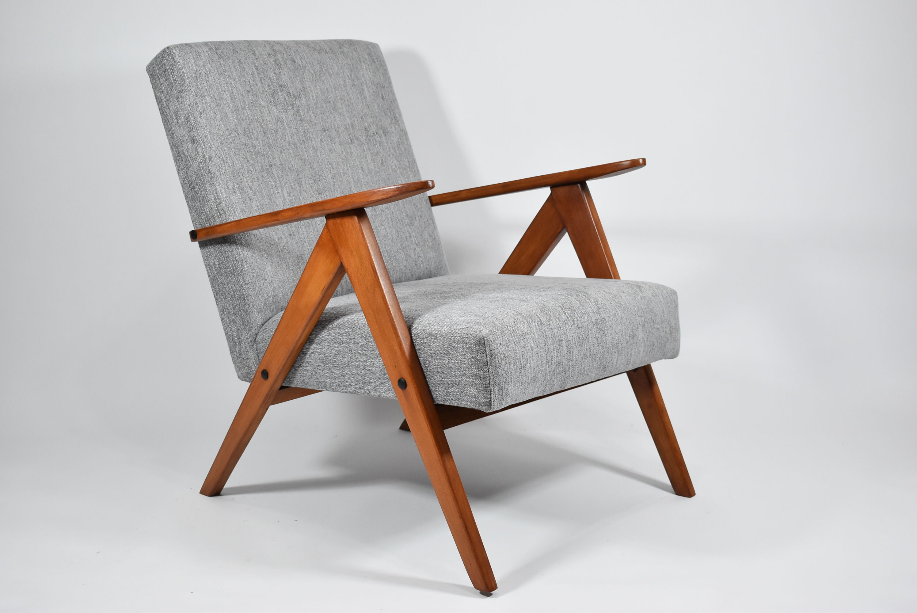 Vintage armchair Compas, 1960s, restored, grey fabric, teak