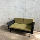 Day Bed sofa in skai, mottled green fabric and black metal 1950