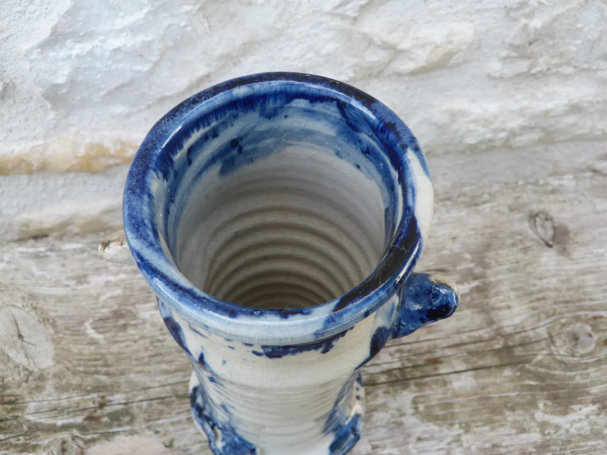 Vintage 1950 Brutalist vase in pottery with blue glazes, signed Blaso.